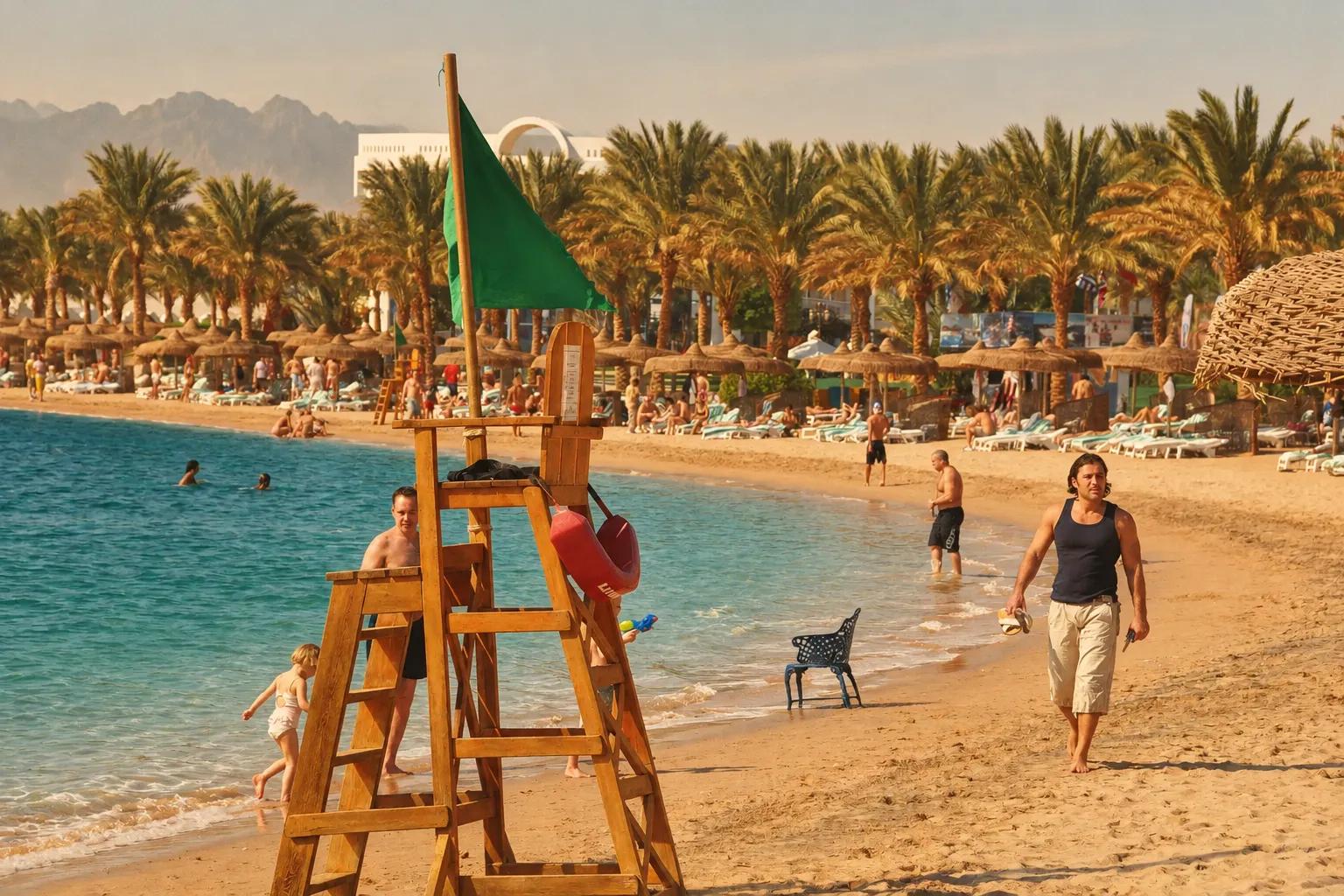 Swimmers and a lifeguard tower on a palm-backed resort beach at Abu Soma