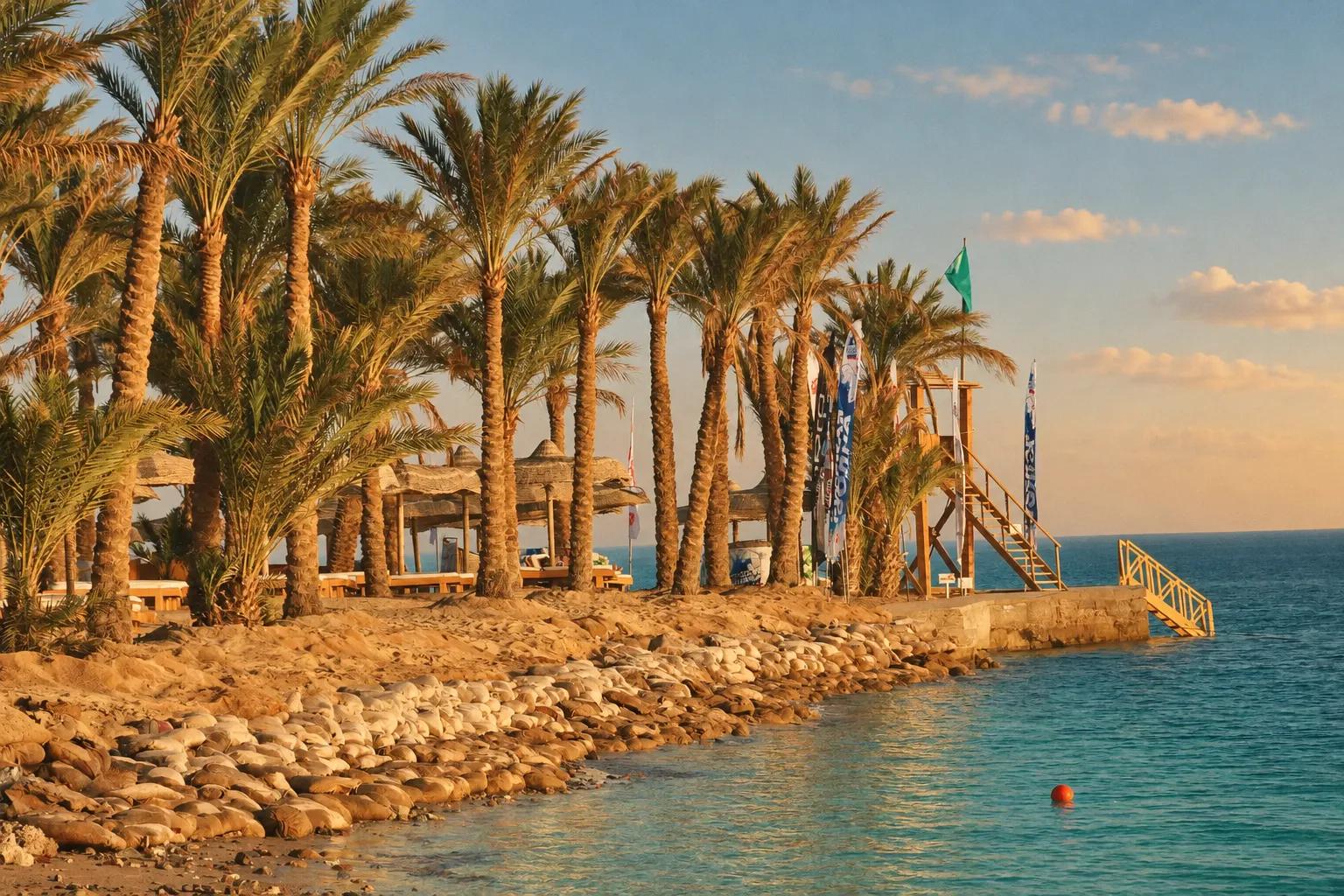 Palms and a jetty running out into the bay at Abu Soma