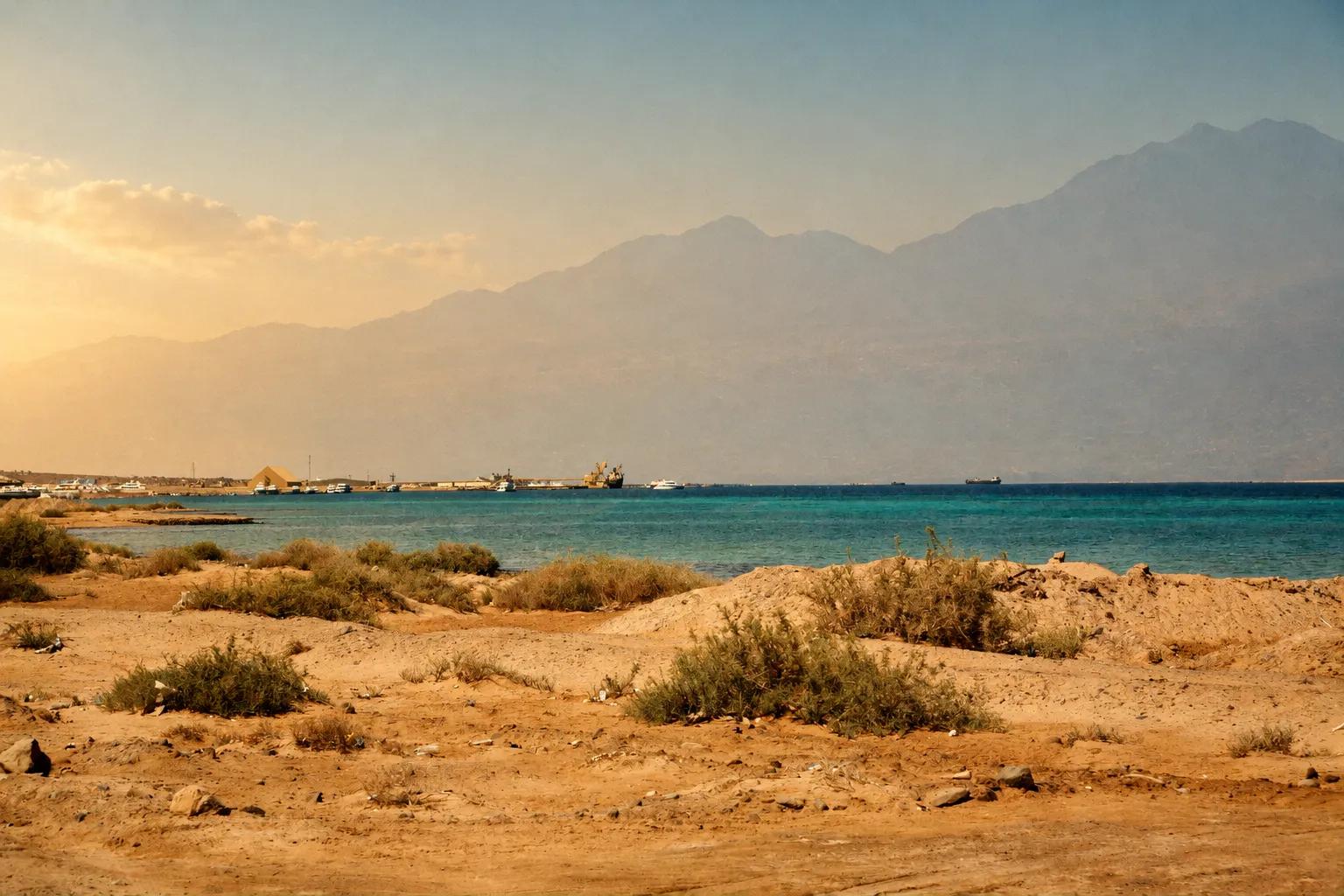 The Red Sea shore south of Abu Soma, with the port of Safaga in the distance