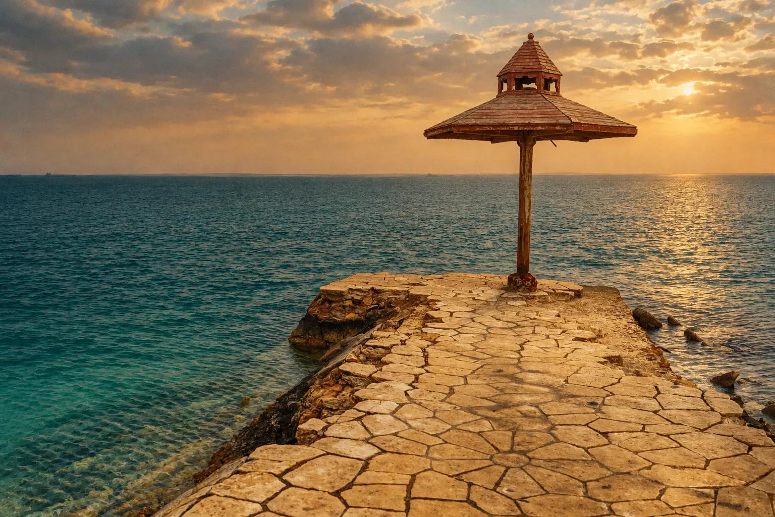 A stone jetty with a thatched shelter reaching into calm water on the Gulf of Suez at Ain Sokhna