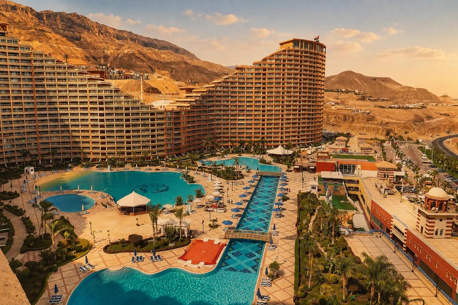 Large resort buildings and pools on the Ain Sokhna coast with bare desert mountains behind