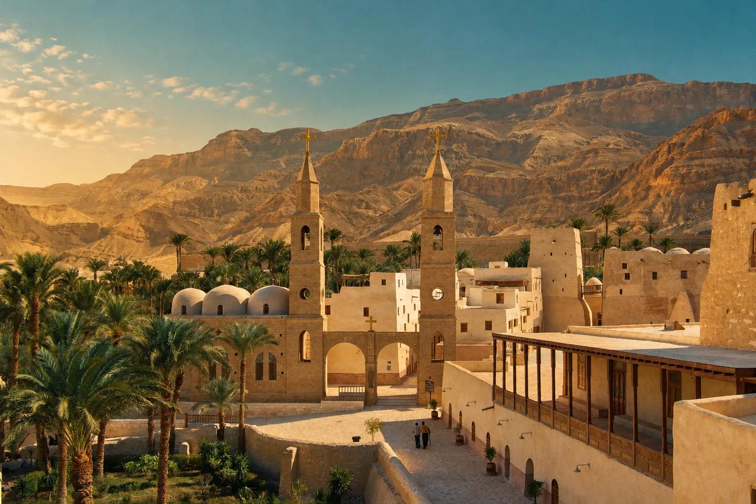 The Monastery of St Anthony with church towers and palms below Eastern Desert mountains