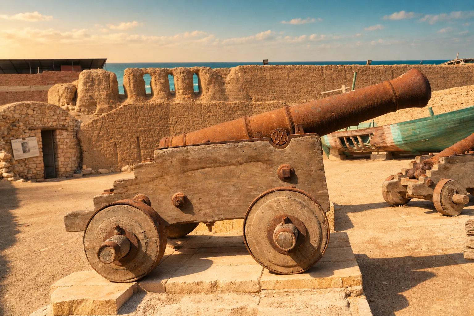An old iron cannon on a wooden carriage inside the Ottoman fort at El Quseir