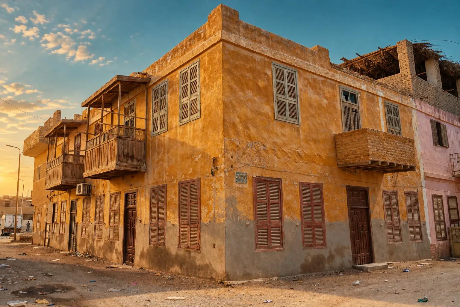 A two-storey yellow house with wooden balconies and shutters in El Quseir old town