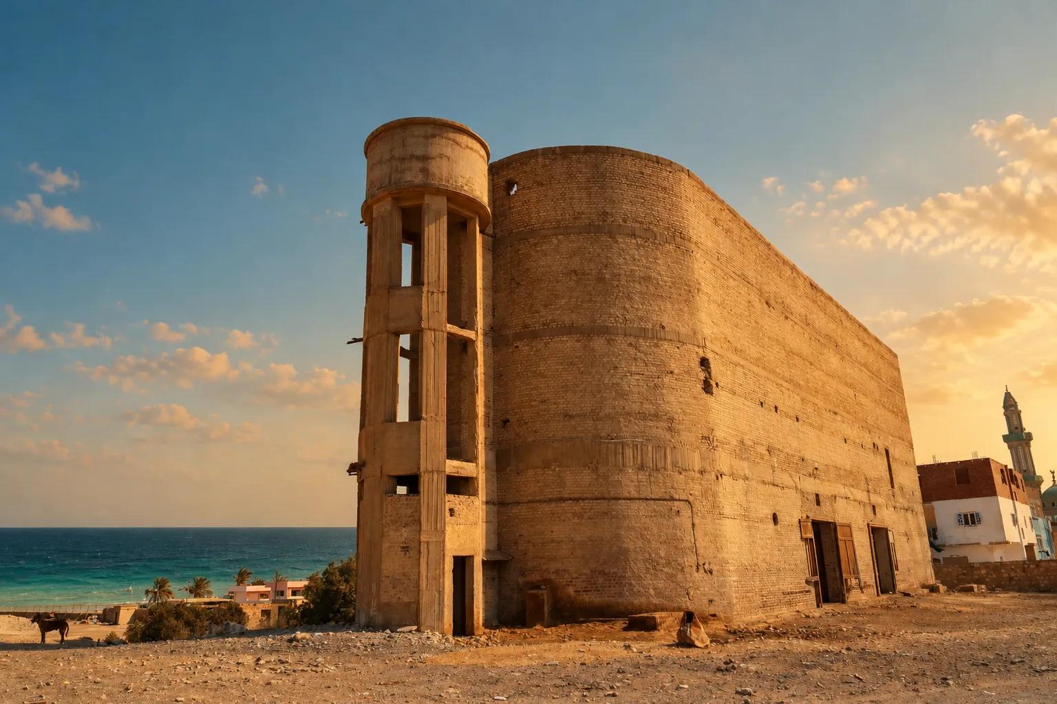 The large buildings and water tower of the former phosphate company at El Quseir