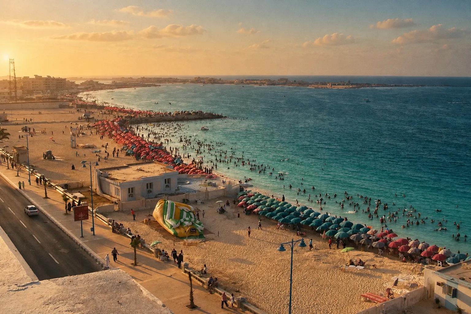 Umbrellas and bathers along the waterfront of Marsa Matrouh bay