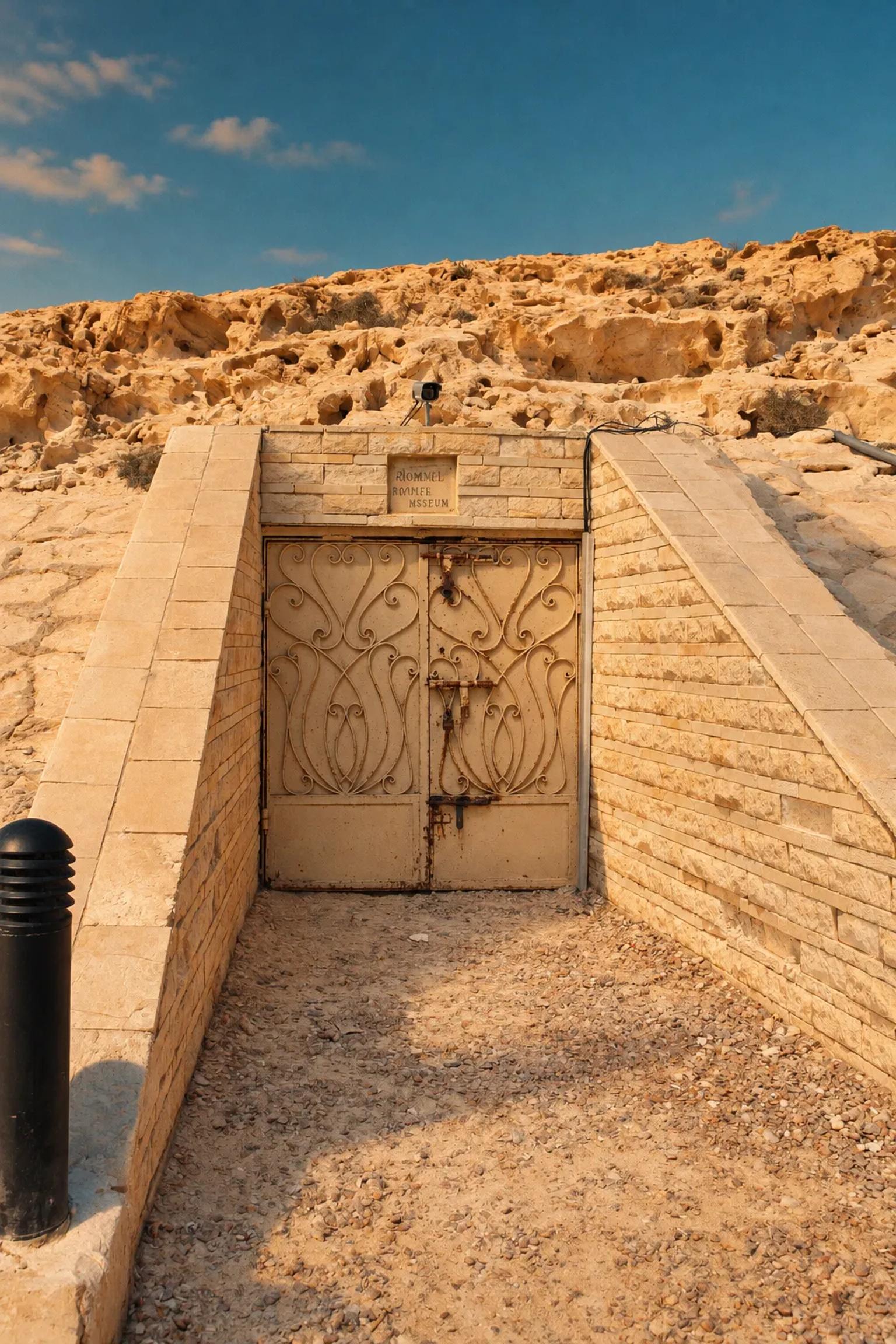 Entrance to the Rommel Cave museum cut into the rock at Marsa Matrouh