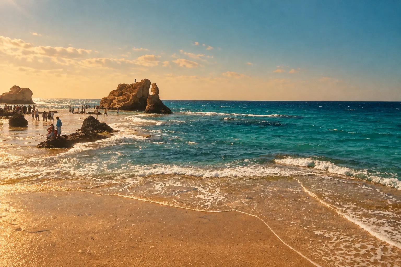 Rock formation at Cleopatra Beach, Marsa Matrouh, where the sea washes into a carved hollow