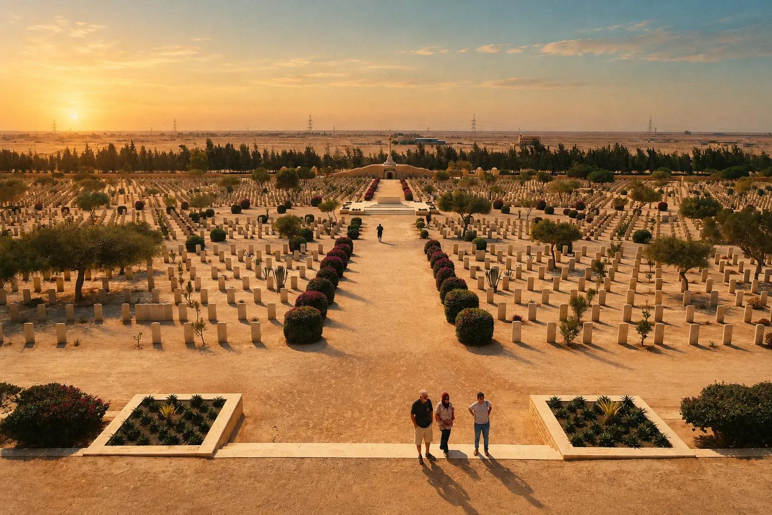 Rows of Commonwealth headstones at El Alamein War Cemetery in the desert