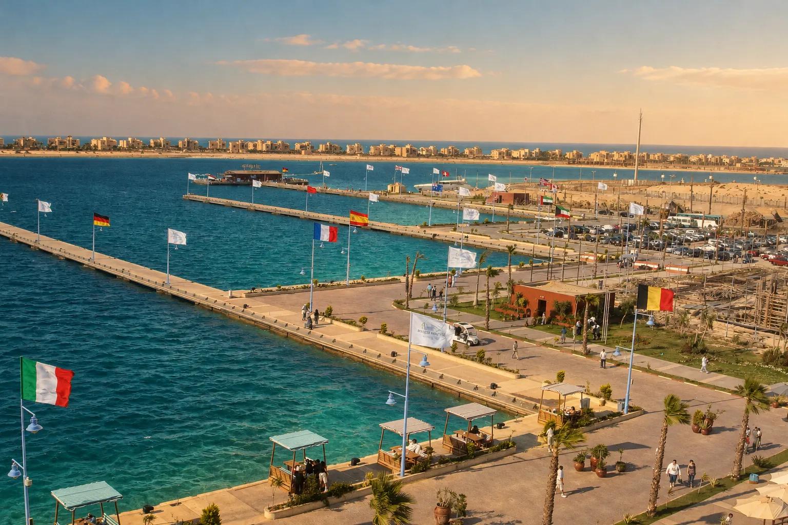 Flags along the quay at Porto Marina, El Alamein, with the sea beyond