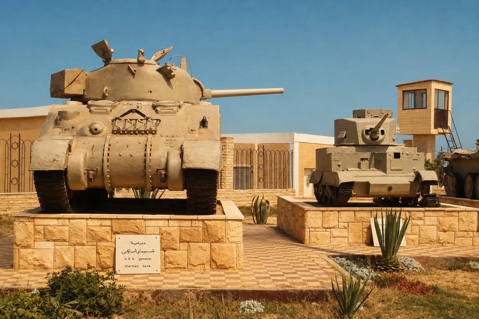 A Sherman tank and a Universal Carrier displayed outside the El Alamein Military Museum