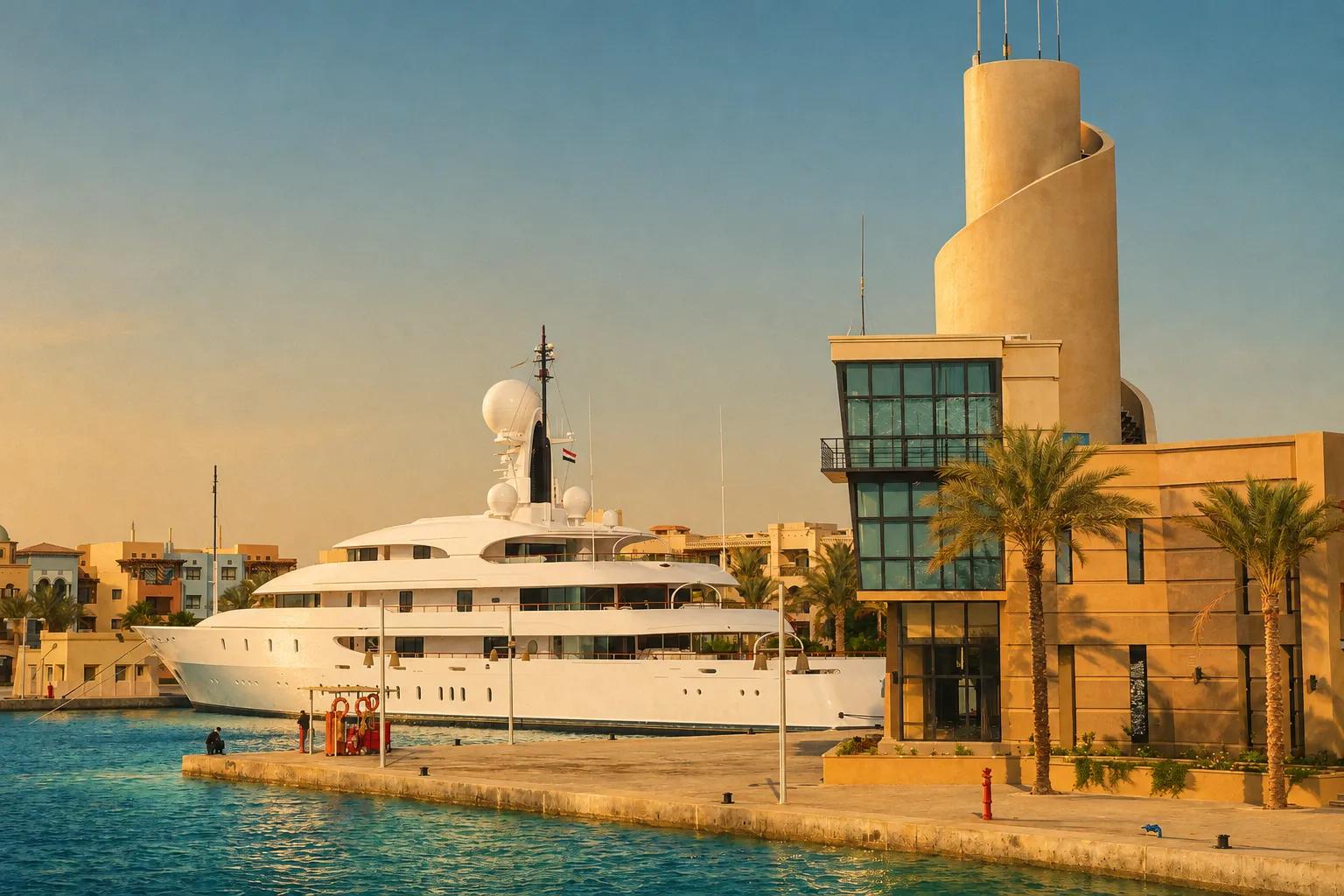 A large white yacht moored beside a sand-colored tower on Port Ghalib's waterfront