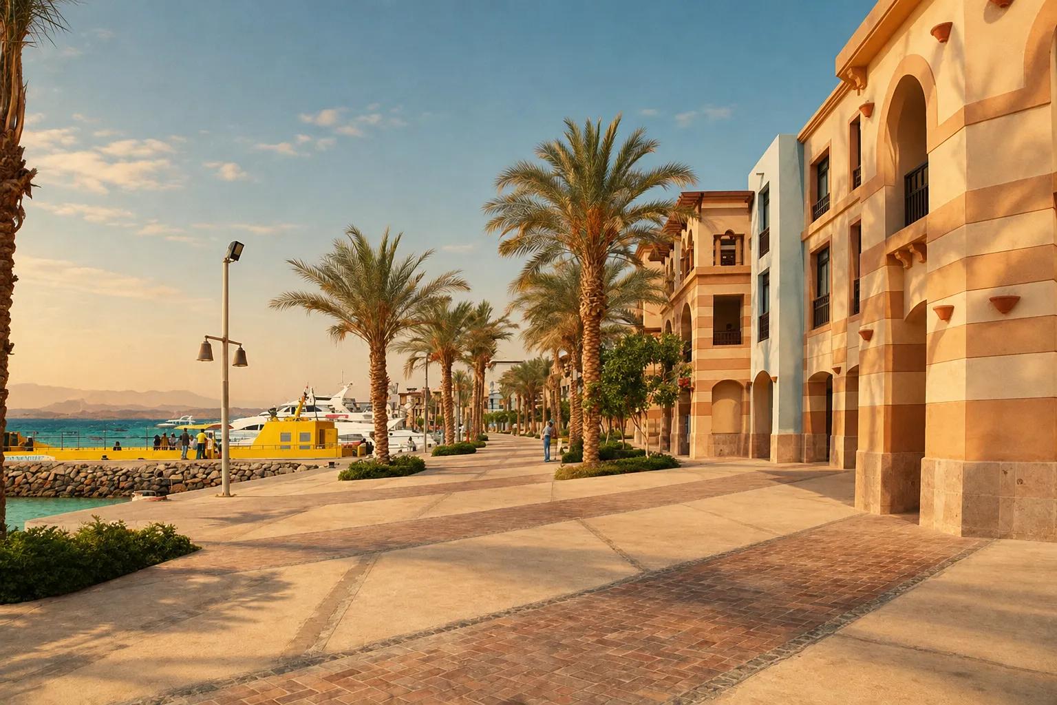 Palm trees and arcaded buildings along the promenade at Port Ghalib