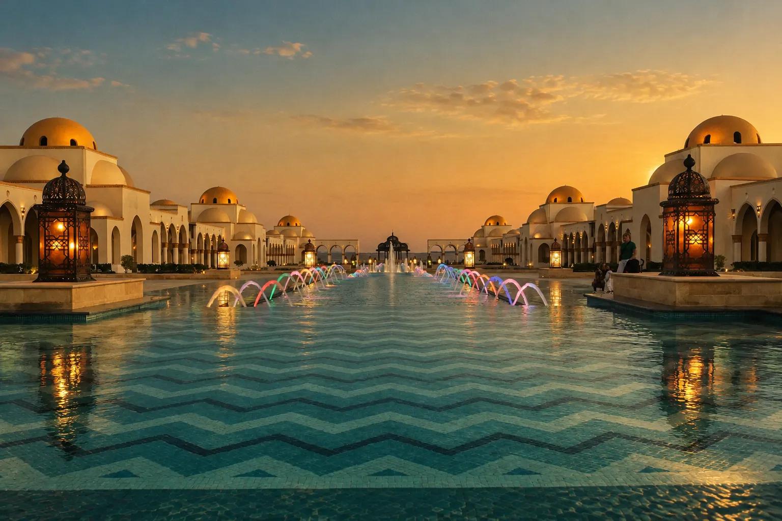 Domed pavilions and a lit fountain channel at the Arrivals Piazza in Sahl Hasheesh at dusk