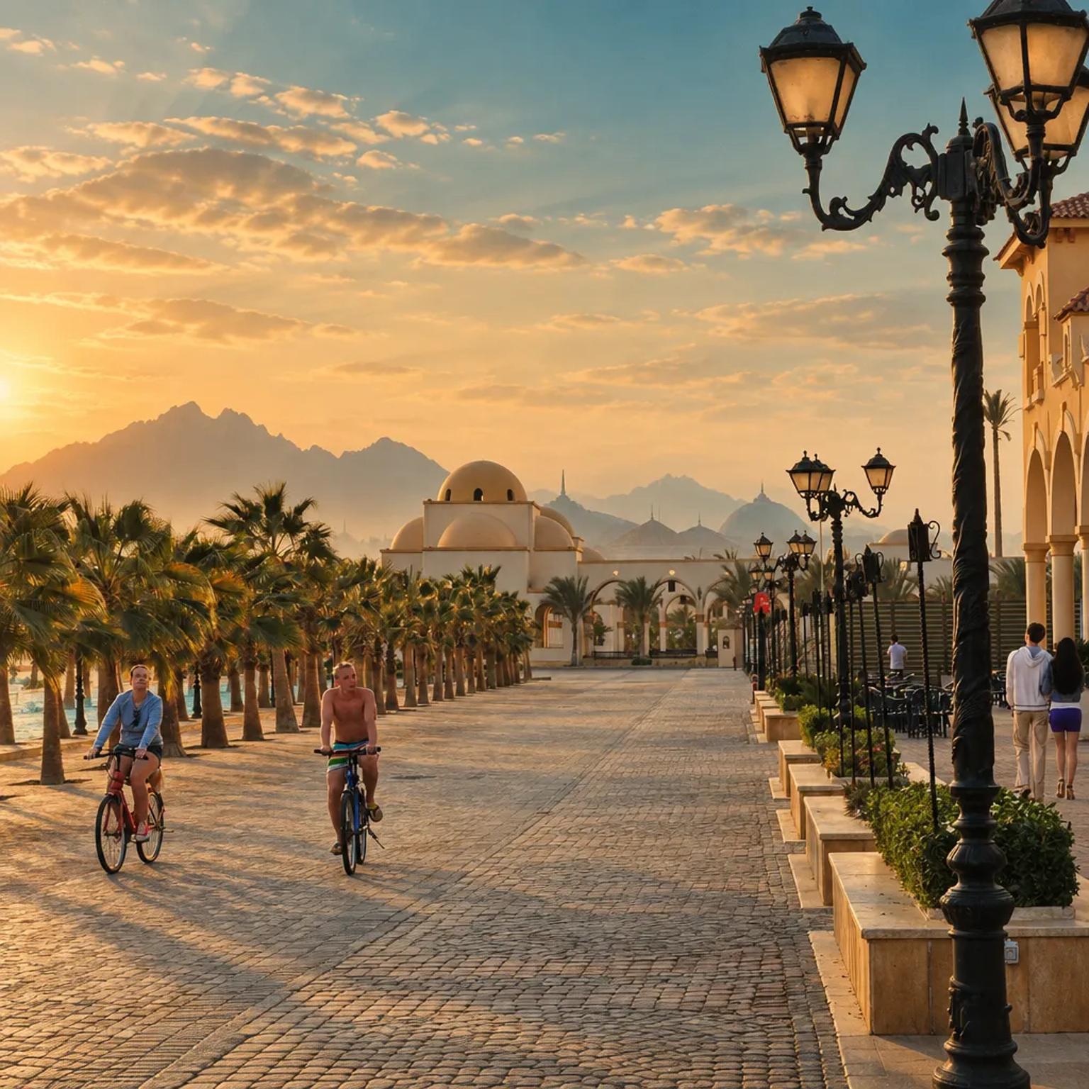 Palm trees, street lamps and a paved corniche walkway at dusk in Sahl Hasheesh Old Town
