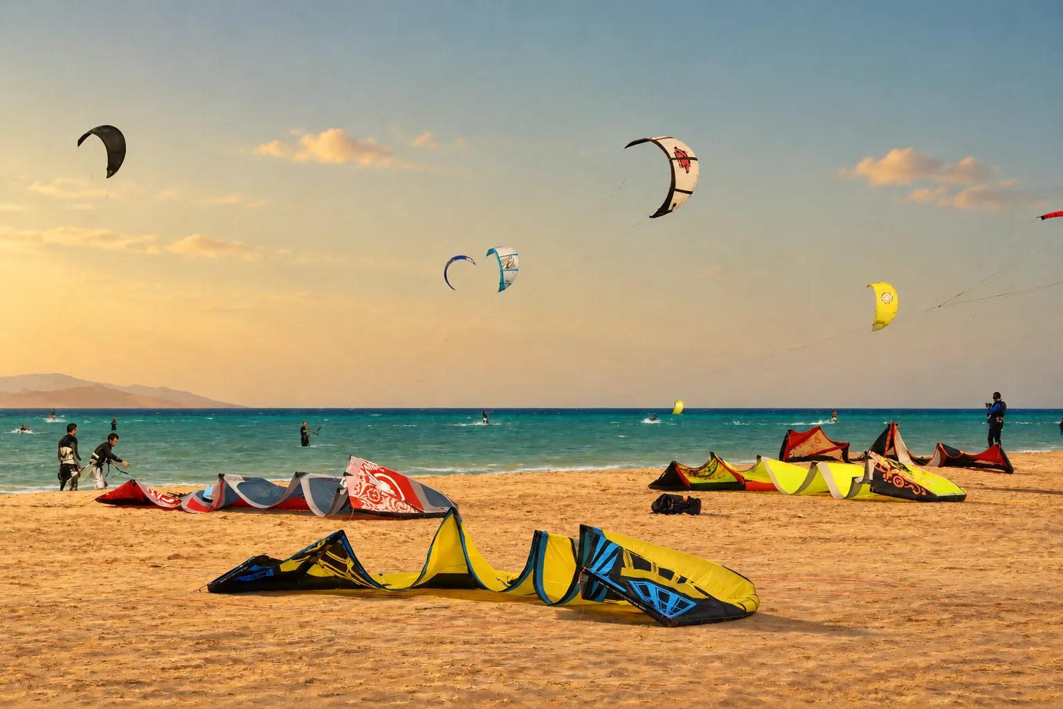 Kitesurfers riding a shallow lagoon on Egypt's Red Sea coast