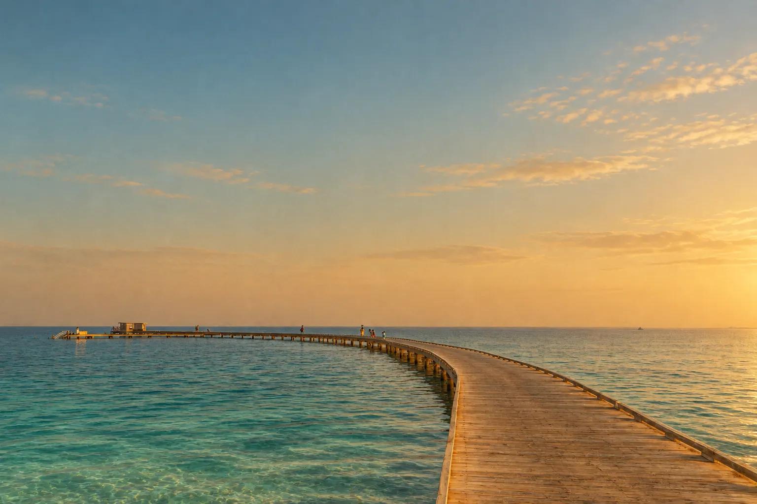A long wooden jetty curving out over calm water off Soma Bay at sunrise
