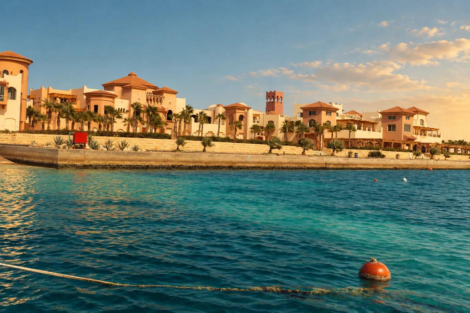 The marina at Soma Bay, with resort buildings along the water