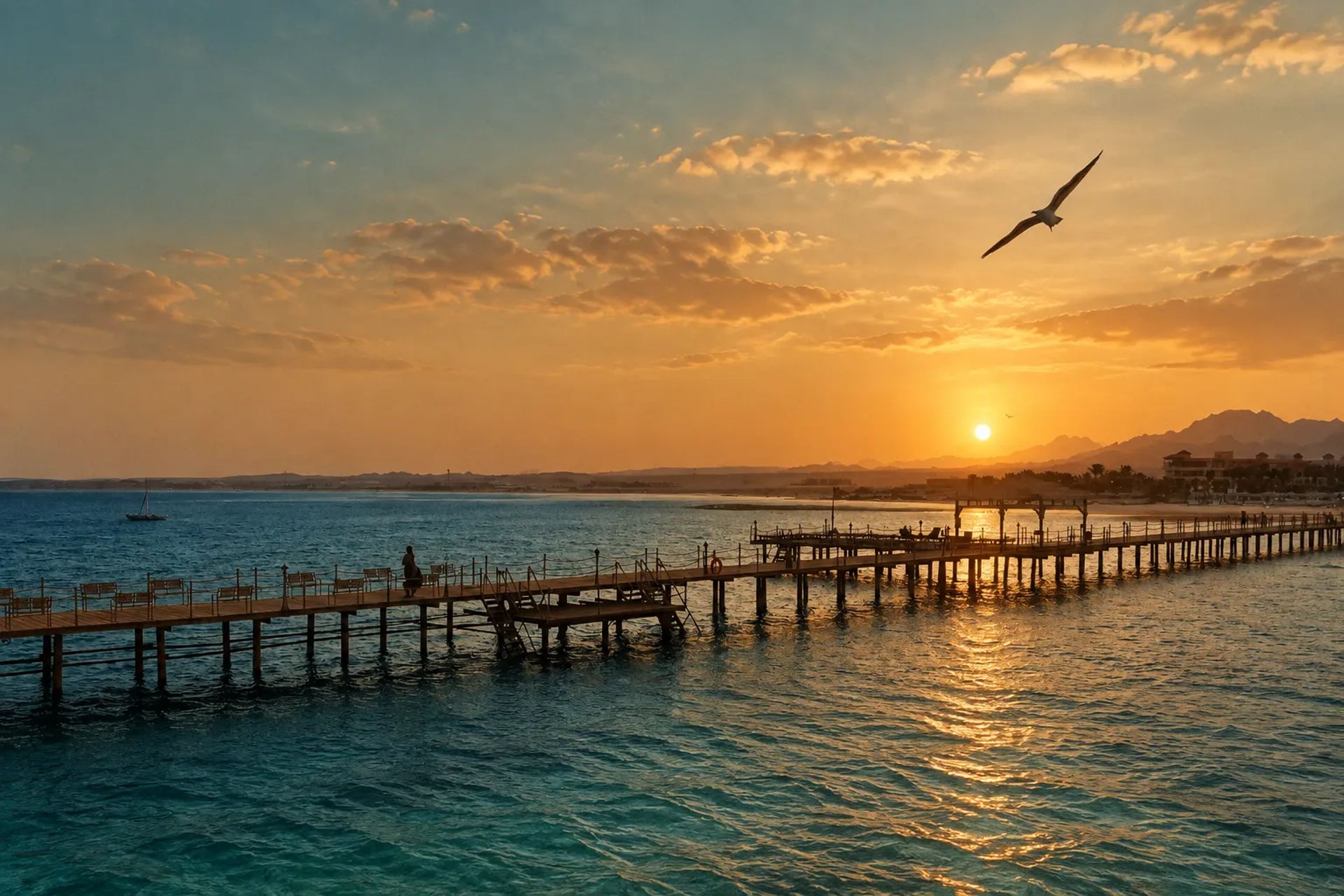 Sunset over a long wooden jetty on the beach at Abu Soma, with a gull overhead
