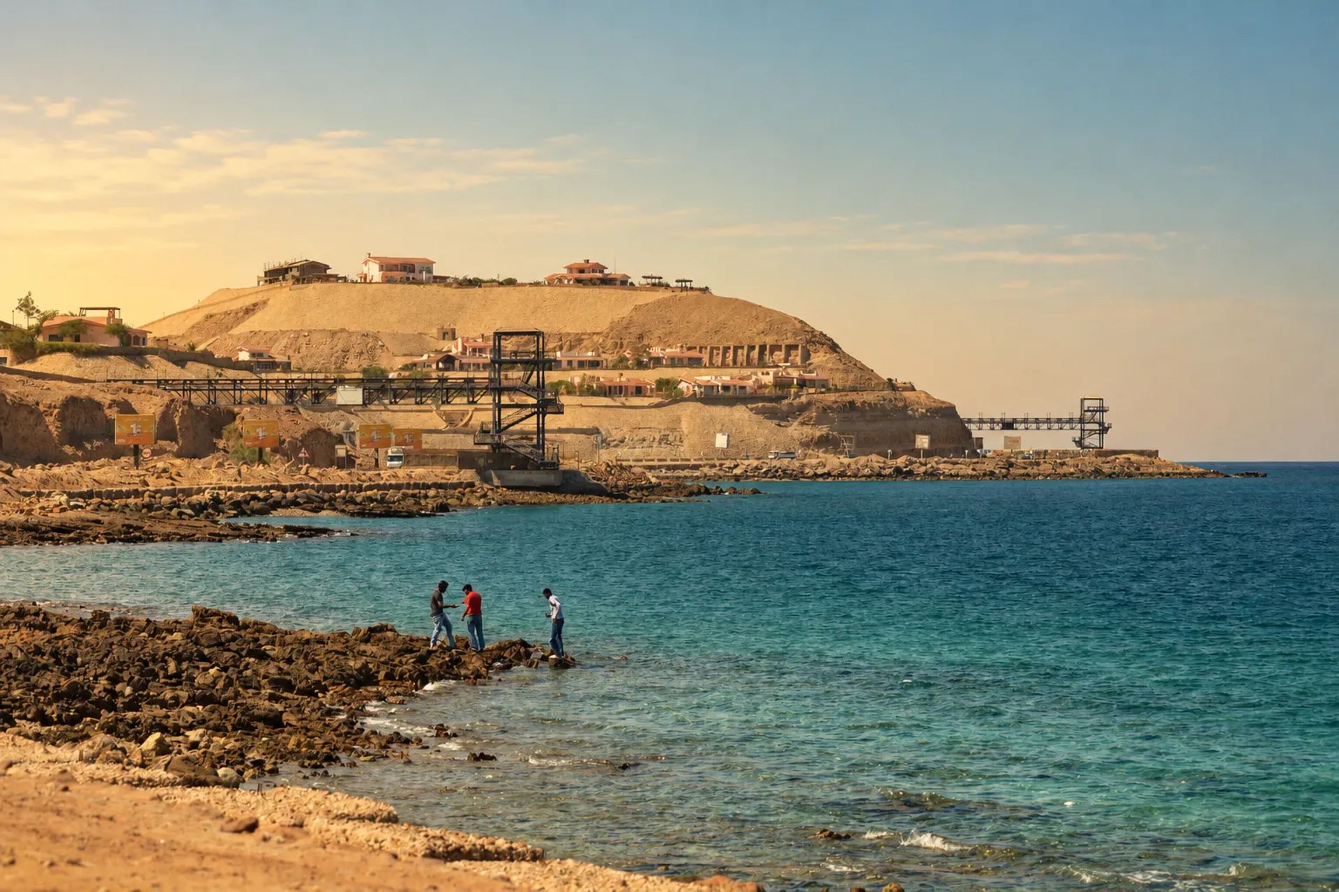Rocky shoreline and blue water at Ain Sokhna on the Gulf of Suez with a headland behind