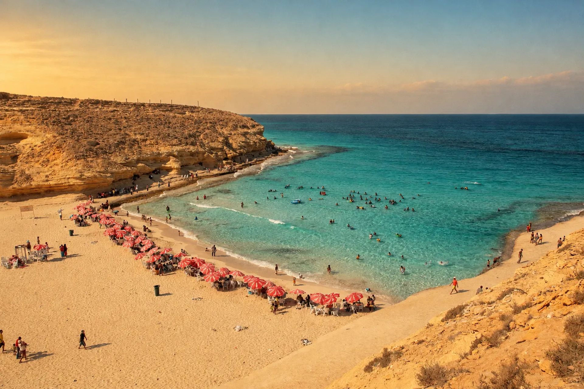 White sand and turquoise water in a rocky cove at Agiba Beach near Marsa Matrouh