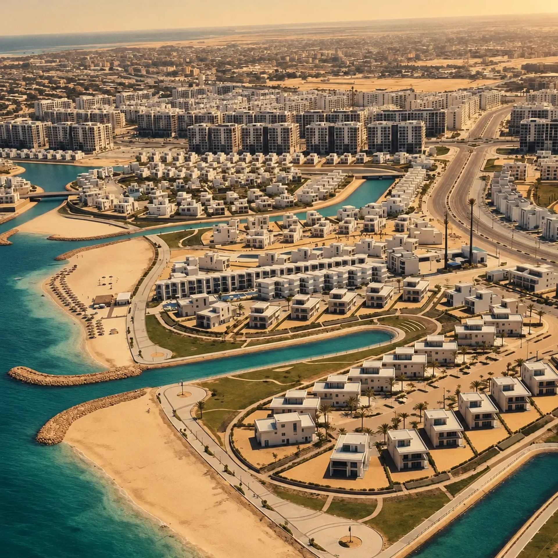 Beach and sheltered lagoons on the Alamein coast seen from above