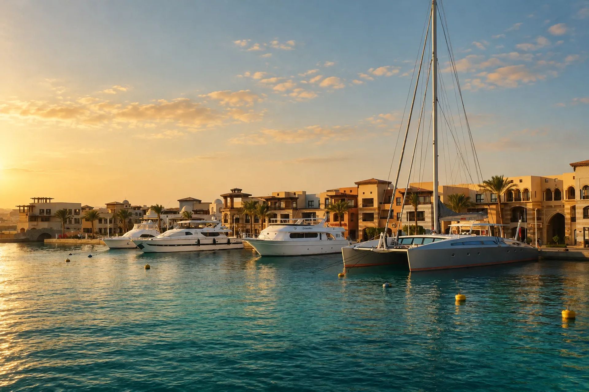 Yachts and a catamaran moored along the waterfront of Port Ghalib marina