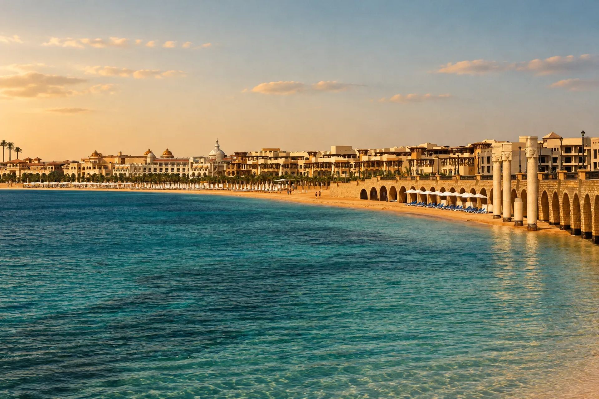 The curve of Sahl Hasheesh bay with turquoise water and resort buildings along the shore