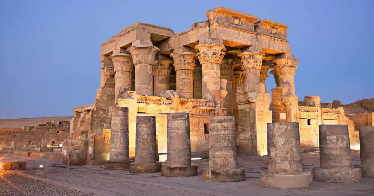 Kom Ombo temple columns at dusk