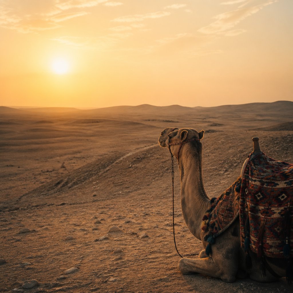Camel resting on dunes at sunset