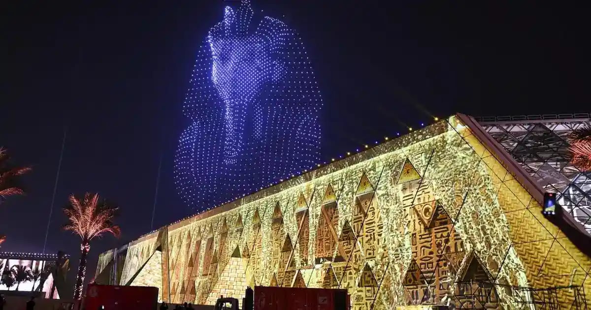 Grand Egyptian Museum light show with a pharaoh projection