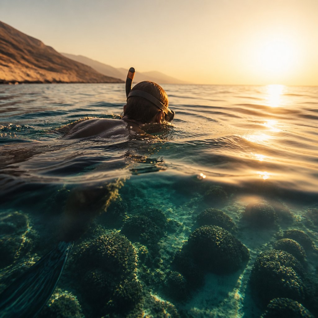 Snorkeler at the surface in warm sunset light