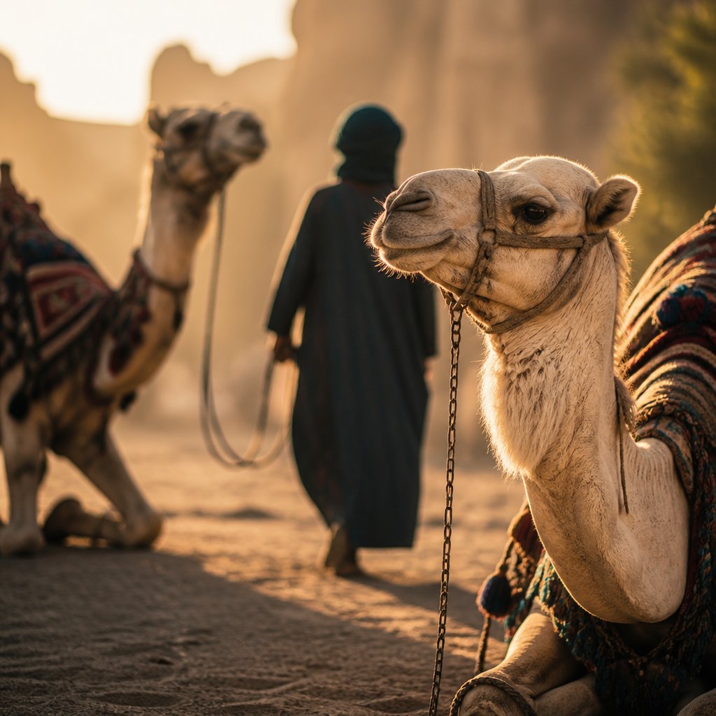 Camel portrait with a handler in silhouette