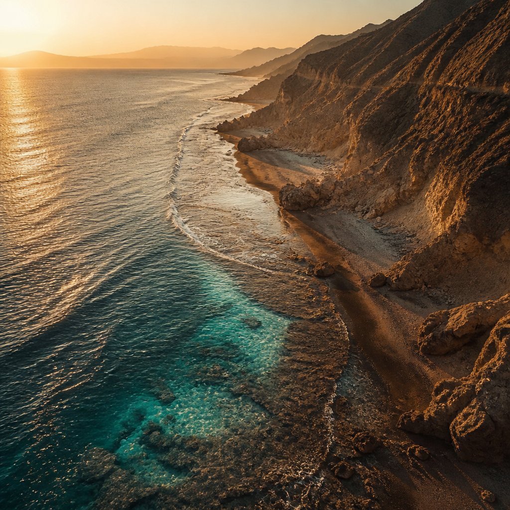 Turquoise Red Sea coastline beneath rocky cliffs