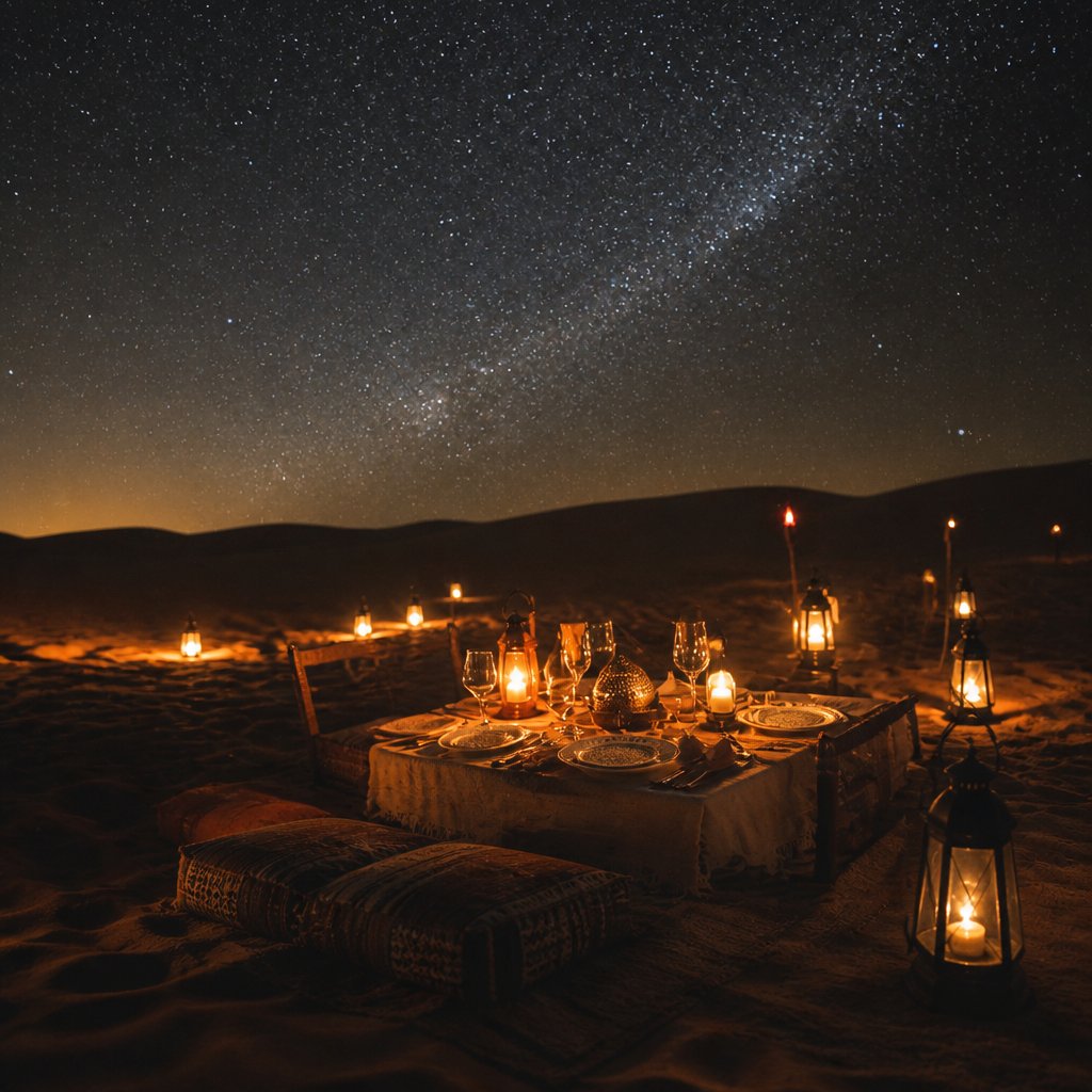 Starry sky over a lantern-lit desert dinner