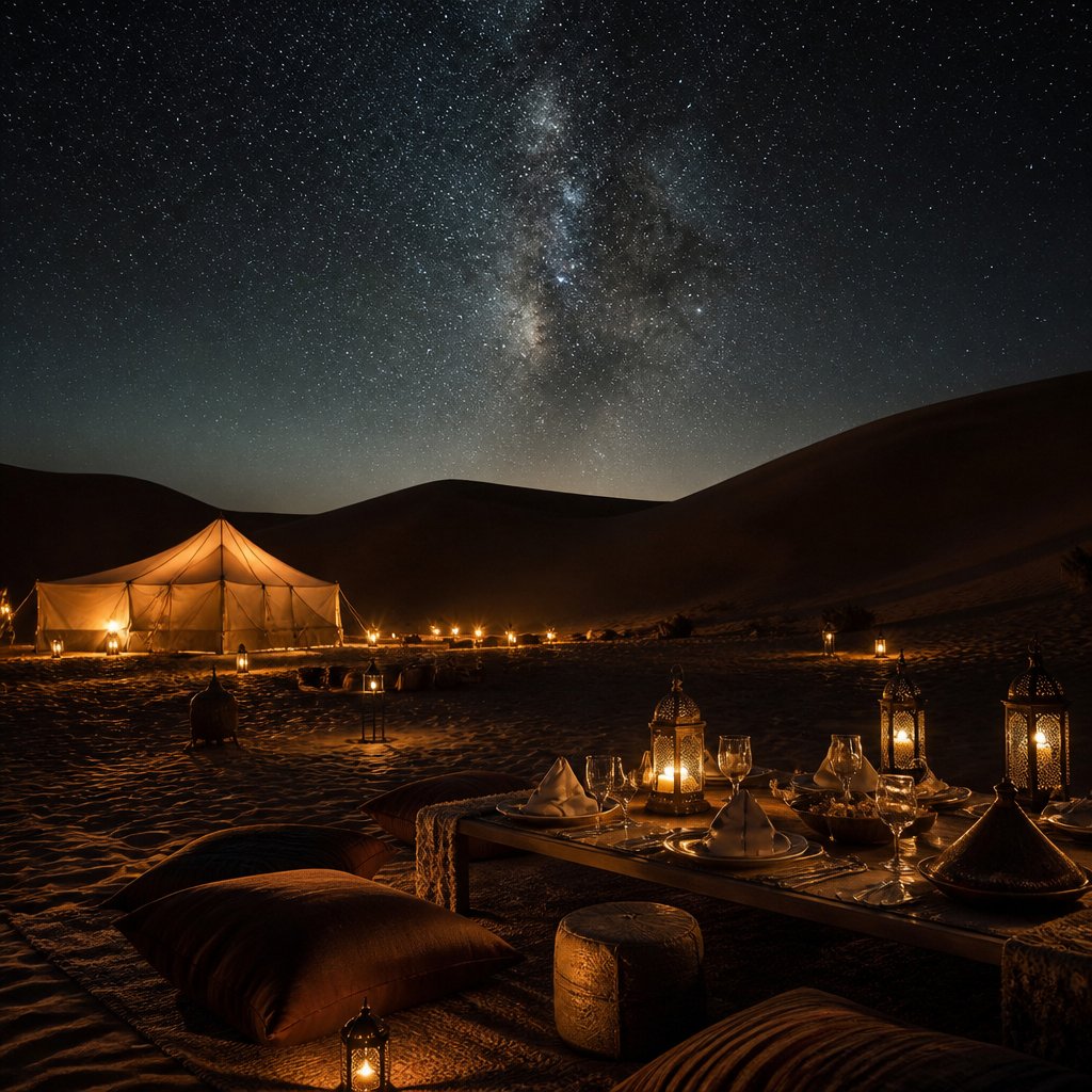 Desert camp tents glowing beneath a starry sky