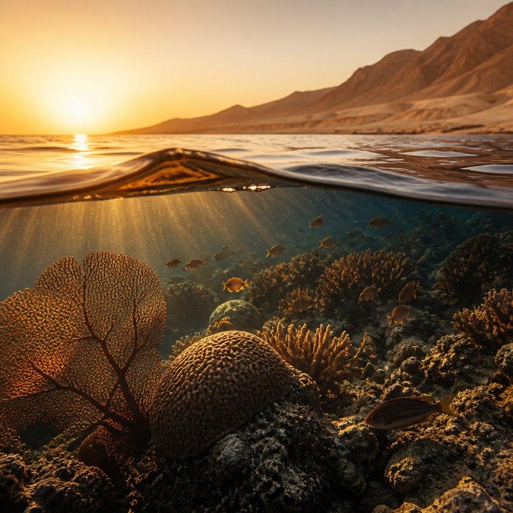 Split view of a coral reef beneath a mountain horizon