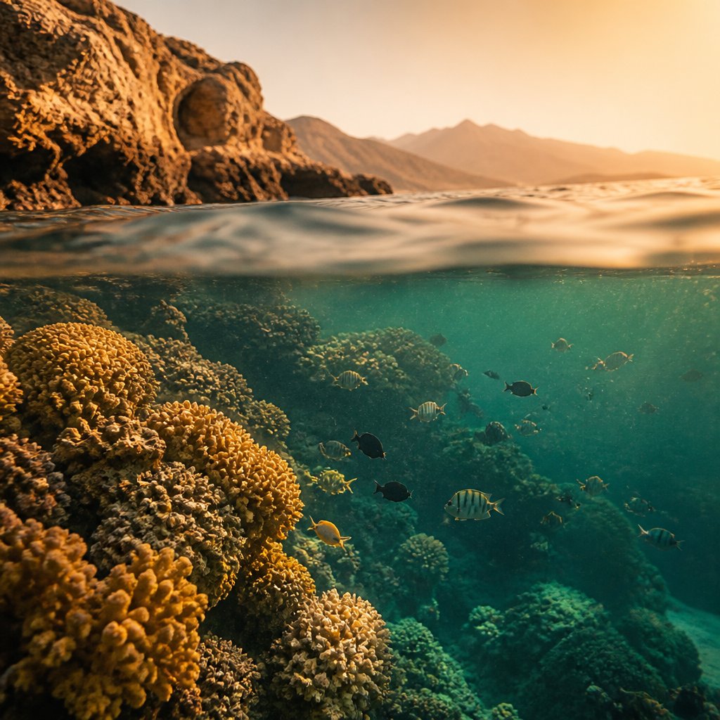 Coral reef and rocky coast in split view