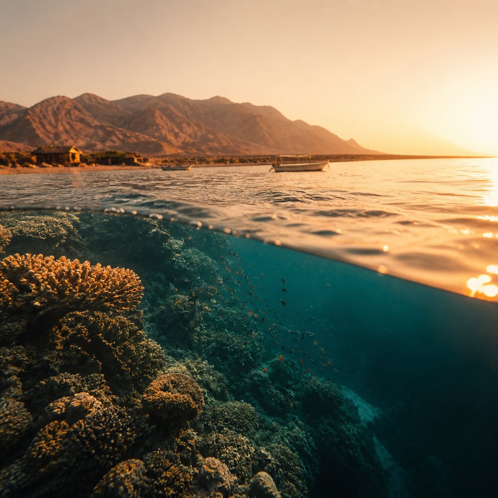 Reef split view with mountains beyond