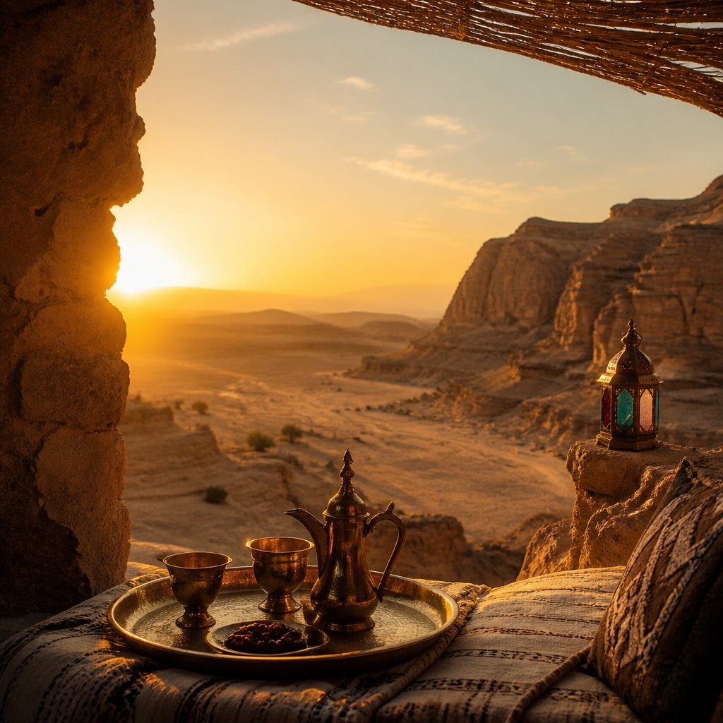 Desert tea tray beneath an arch overlooking a canyon