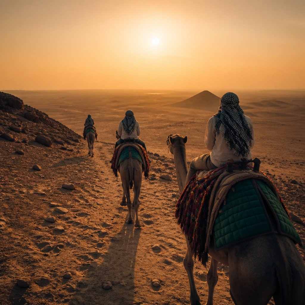 Two camel riders crossing the desert