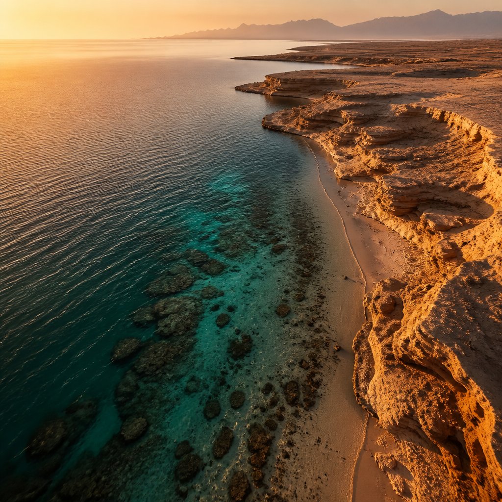 Aerial view of a coastline and reef