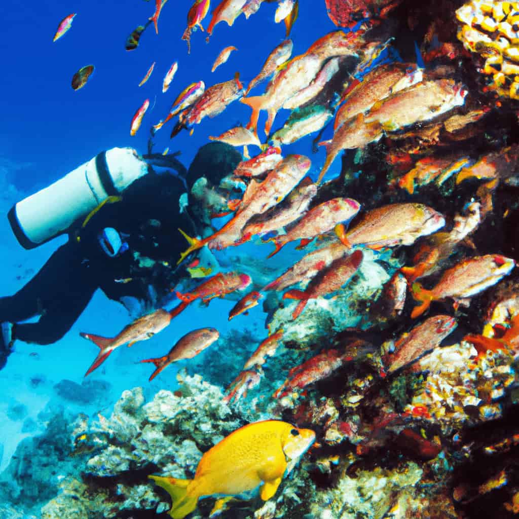 Scuba diver among tropical reef fish, Red Sea