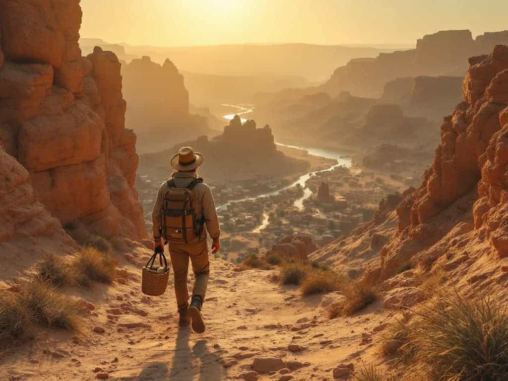 Hiker descending into rocky desert canyon at sunset