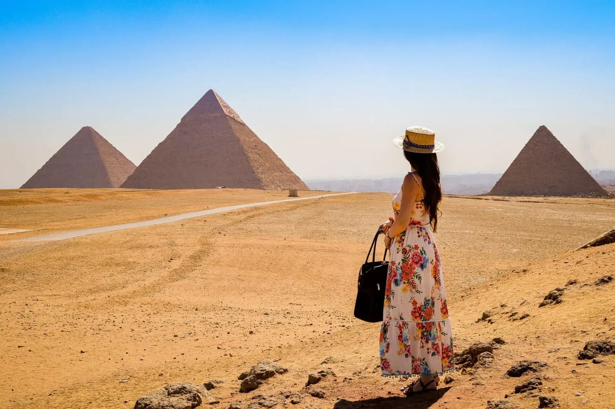 The Giza pyramids seen from the desert