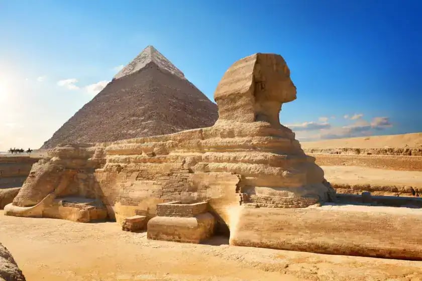 Great Sphinx on the Giza Plateau with the Pyramid of Khafre, Pyramids, Sphinx, Saqqara, Memphis and Grand Egyptian Museum day