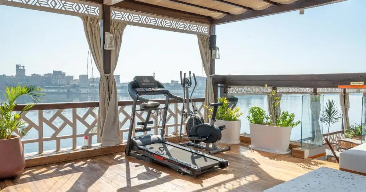 Musk Dahabiya, deck gym with Nile view