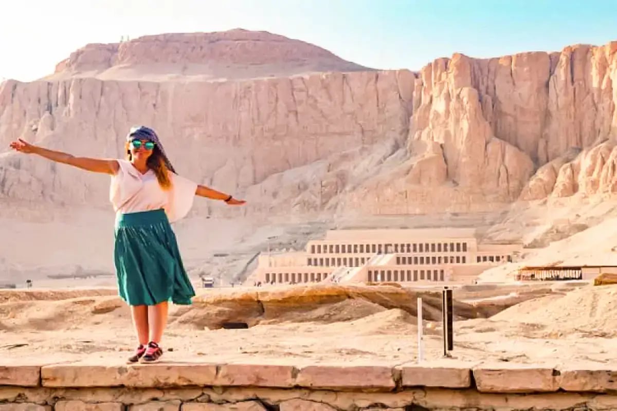 Woman posing at Hatshepsut Temple in Luxor