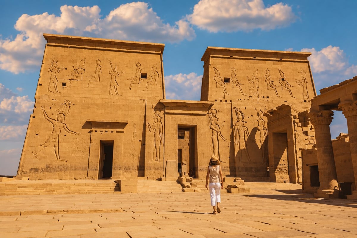 Visitor walking toward Philae Temple pylon on Philae Island, Aswan, Philae Temple half-day tour