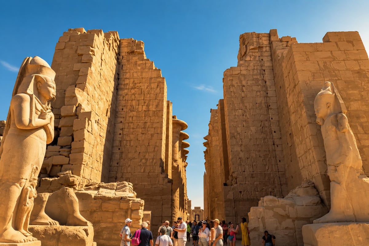 Karnak Temple entrance with tourists, during a Sonesta Star Goddess Nile Cruise stop, Luxor